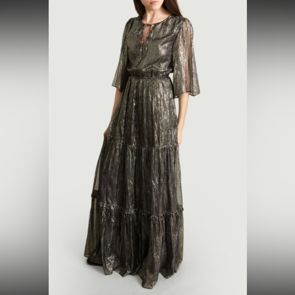 Tara Jarmon Gray Silver Ruffled Tiered Gown